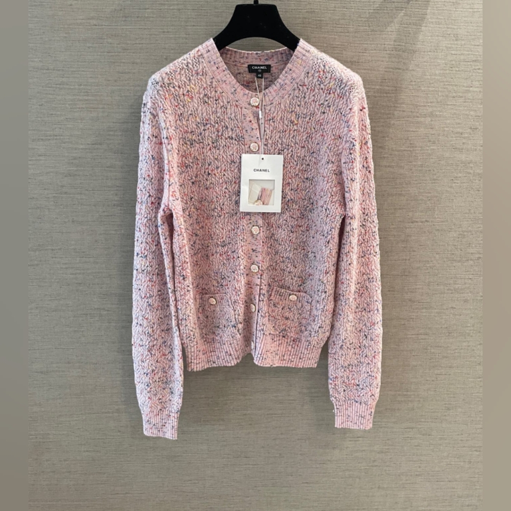 Chanel Pink Round Neck Long Sleeve Knit Cardigan